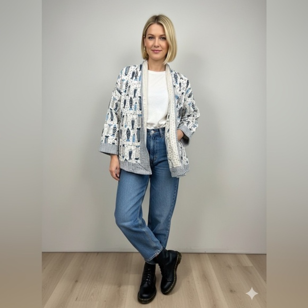 Eleanor James NWT Fish Print Jacket Lightweight Kantha Style OS